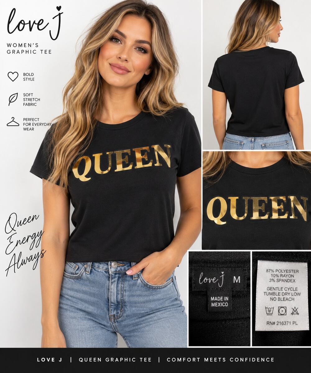 Love J Womens M Black Gold QUEEN Graphic Tee Short Sleeve Stretch T-Shirt